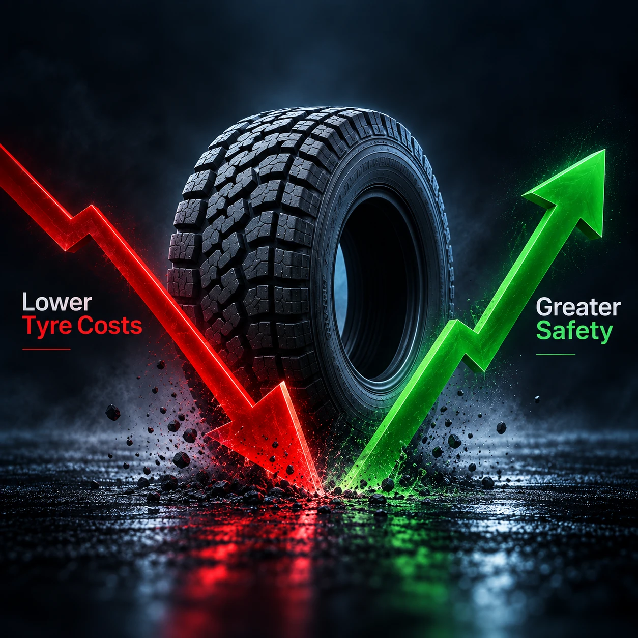 A heavy-duty tyre between a falling red arrow labelled Lower Tyre Costs and a rising green arrow labelled Greater Safety