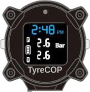 TyreCOP TC-MB-28B handlebar monitor showing the time, and front and rear tyre pressure in Bar